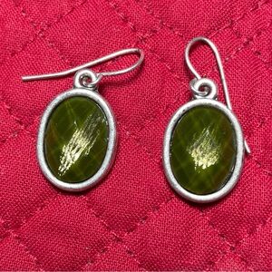 Lovely Earrings-green stone in silver oval, french hook unmarked good used con.